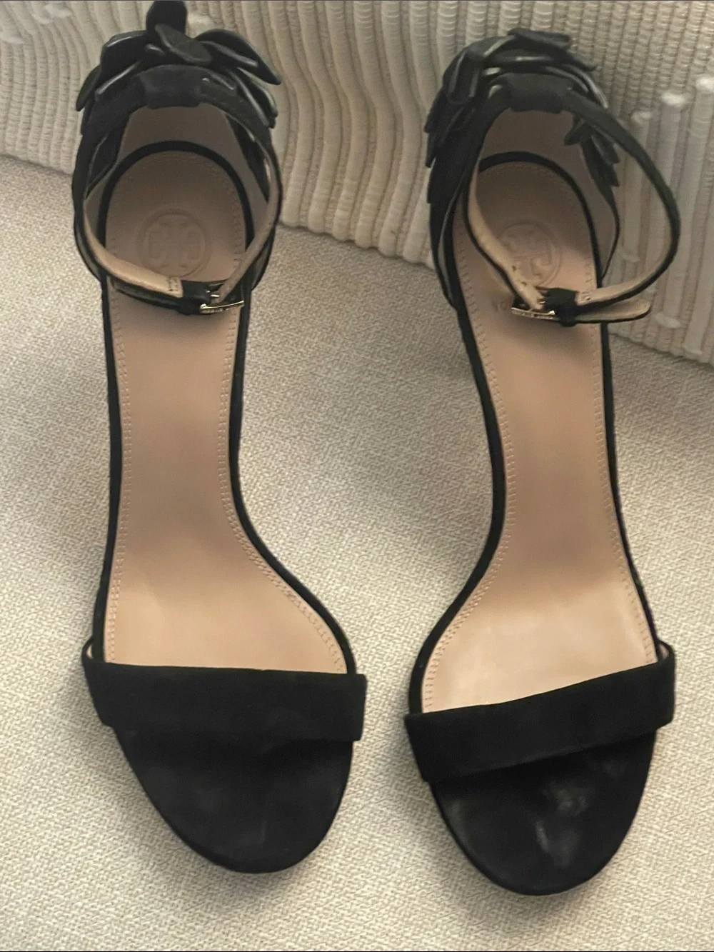 Tory Burch Suede Ankle-Strap Stiletto Heels with Floral Heel Accent
